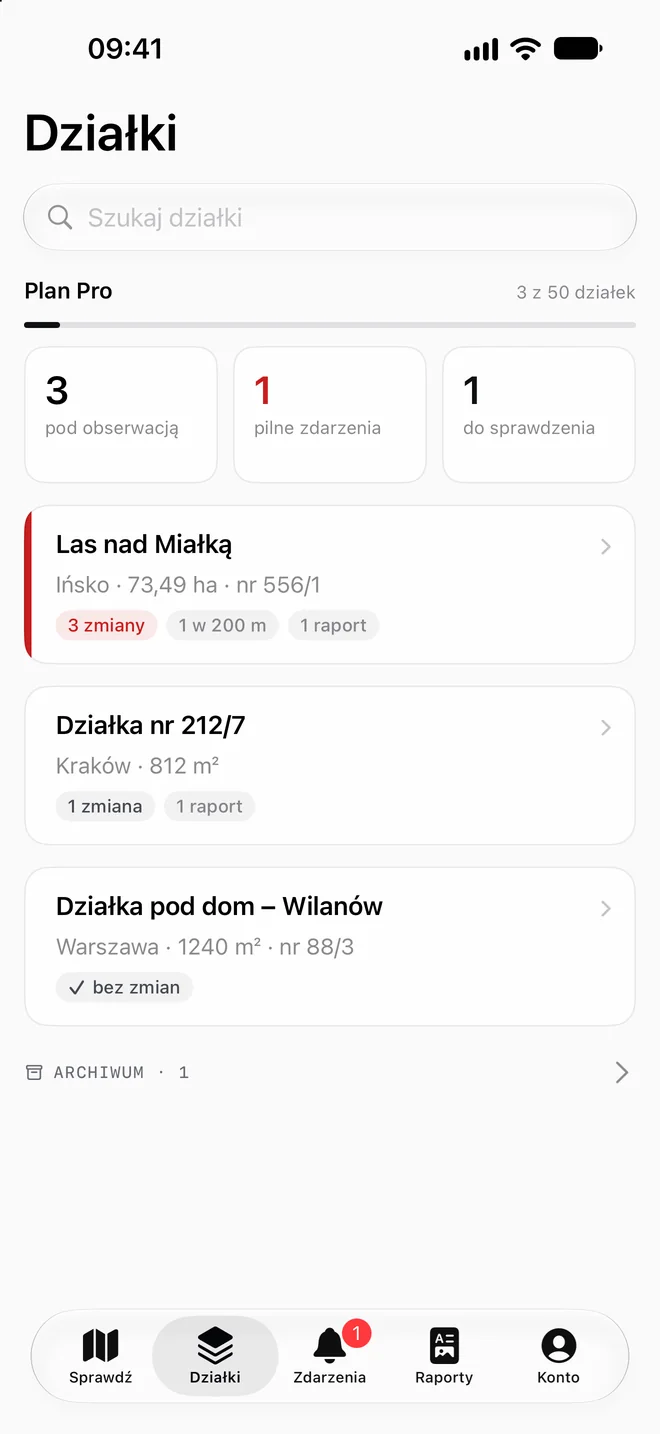 Aplikacja TeTereny: obserwowane działki z liczbą zmian, pilnymi zdarzeniami i raportami