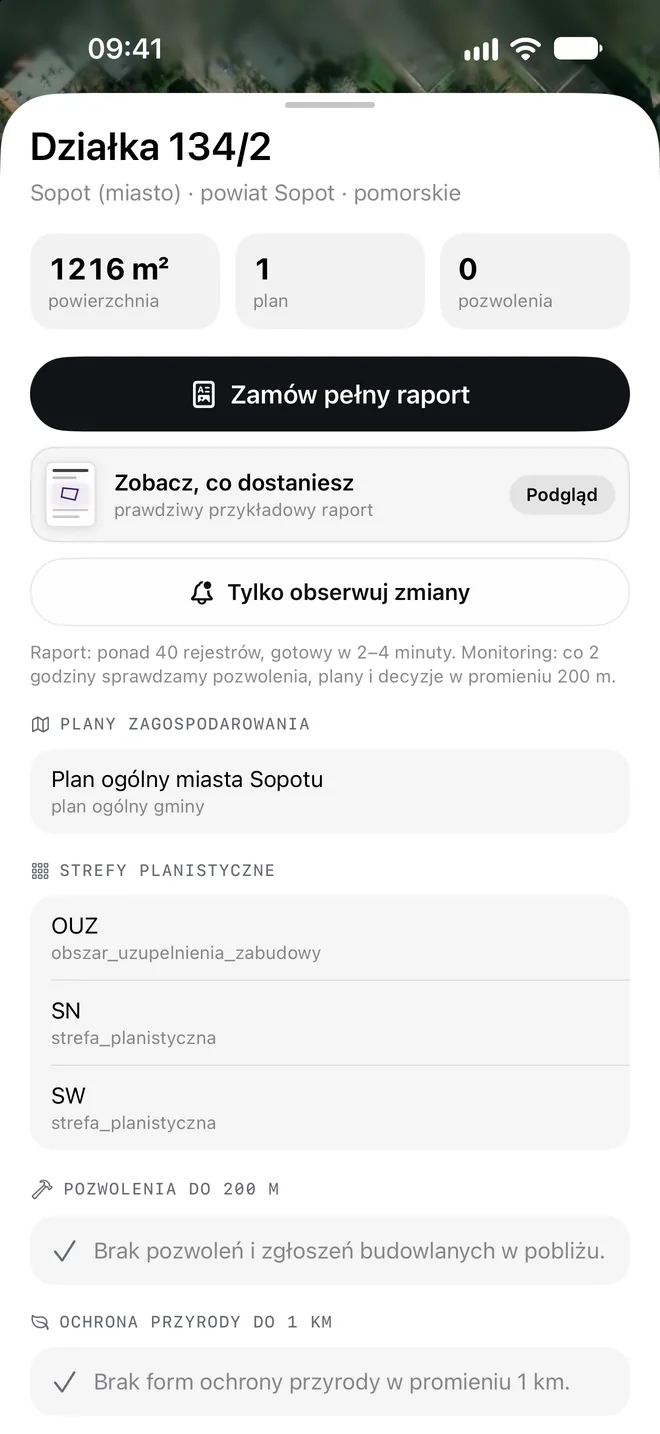 Aplikacja TeTereny: karta działki z planem ogólnym miasta Sopotu i strefami planistycznymi