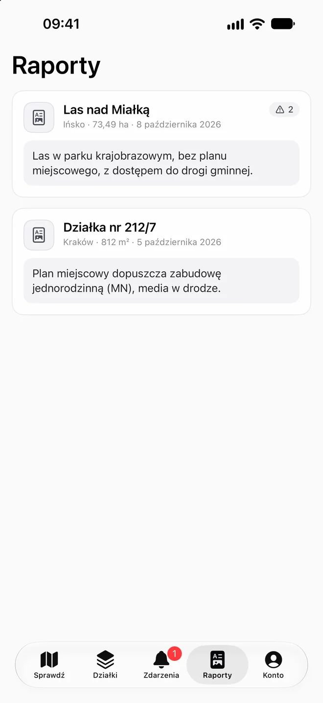 Aplikacja TeTereny: lista raportów o działkach z krótkim podsumowaniem każdego