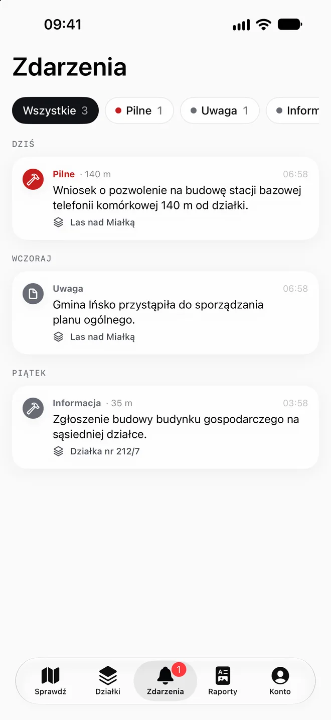 Aplikacja TeTereny: zdarzenia z obserwowanych działek: pilne pozwolenie na budowę w pobliżu, gmina przystąpiła do planu ogólnego